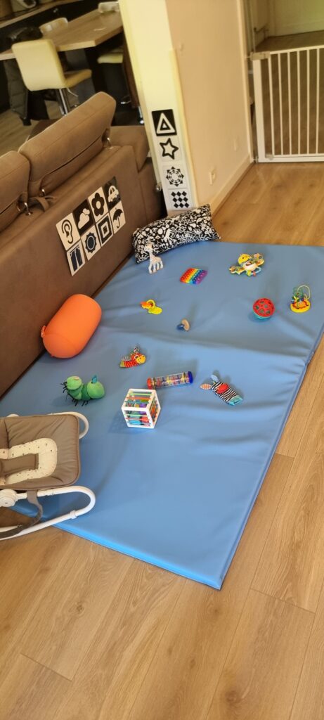 Tapis de jeu avec divers jouets pour enfants dans une salle de jeu.