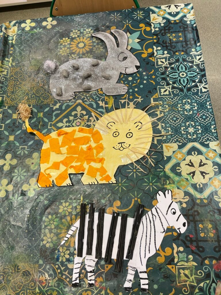 Dessins d'animaux réalisés par des enfants avec des matériaux divers