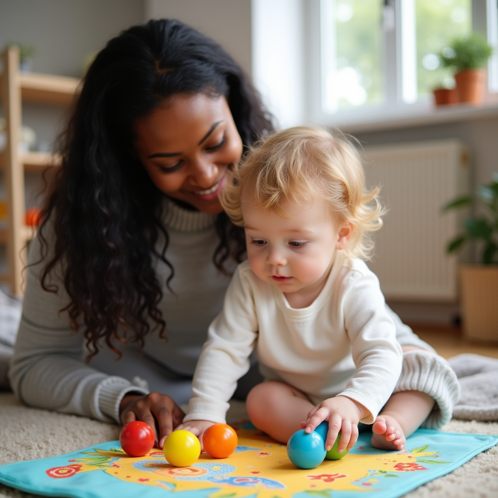 Une assistante maternelle accompagnant son enfant dans un moment d'apprentissage autonome avec des jouets Montessori.