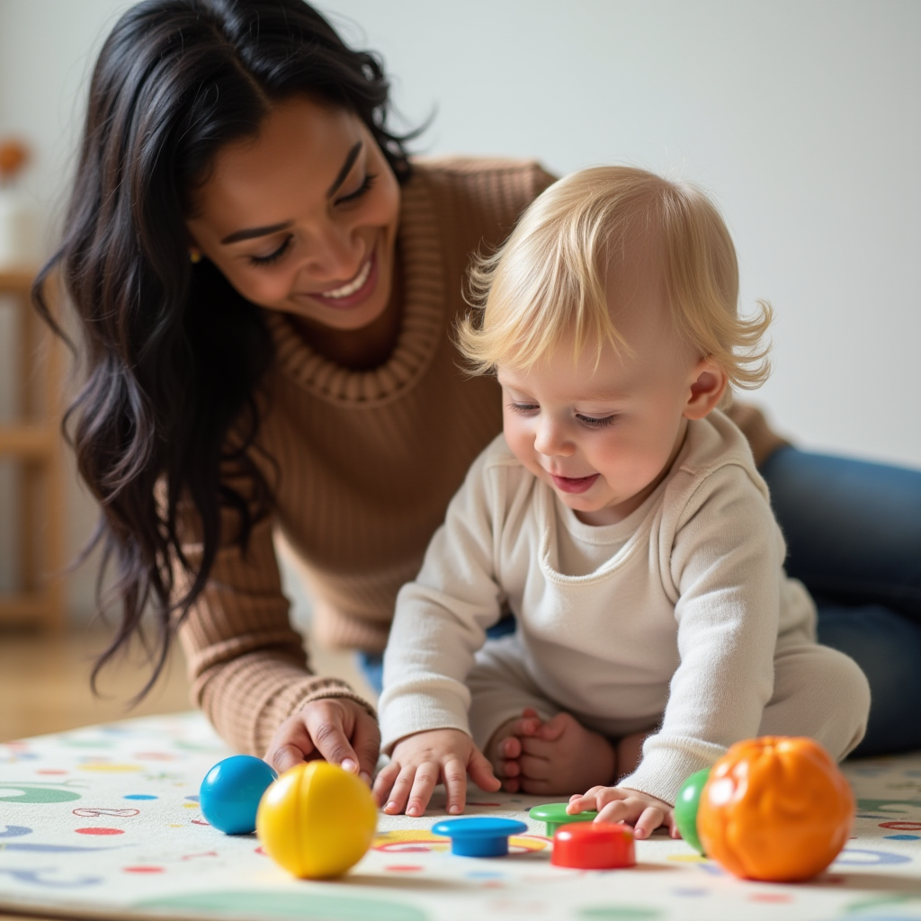 Une assistante maternelle aidant un bébé à explorer des jouets Montessori colorés, encourageant la découverte et l'autonomie.
