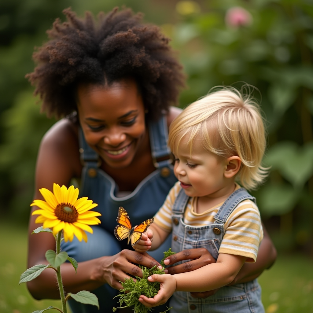 Une assistante maternelle aide un enfant à observer un papillon dans un jardin, illustrant l'apprentissage de la nature et le respect de l'environnement.