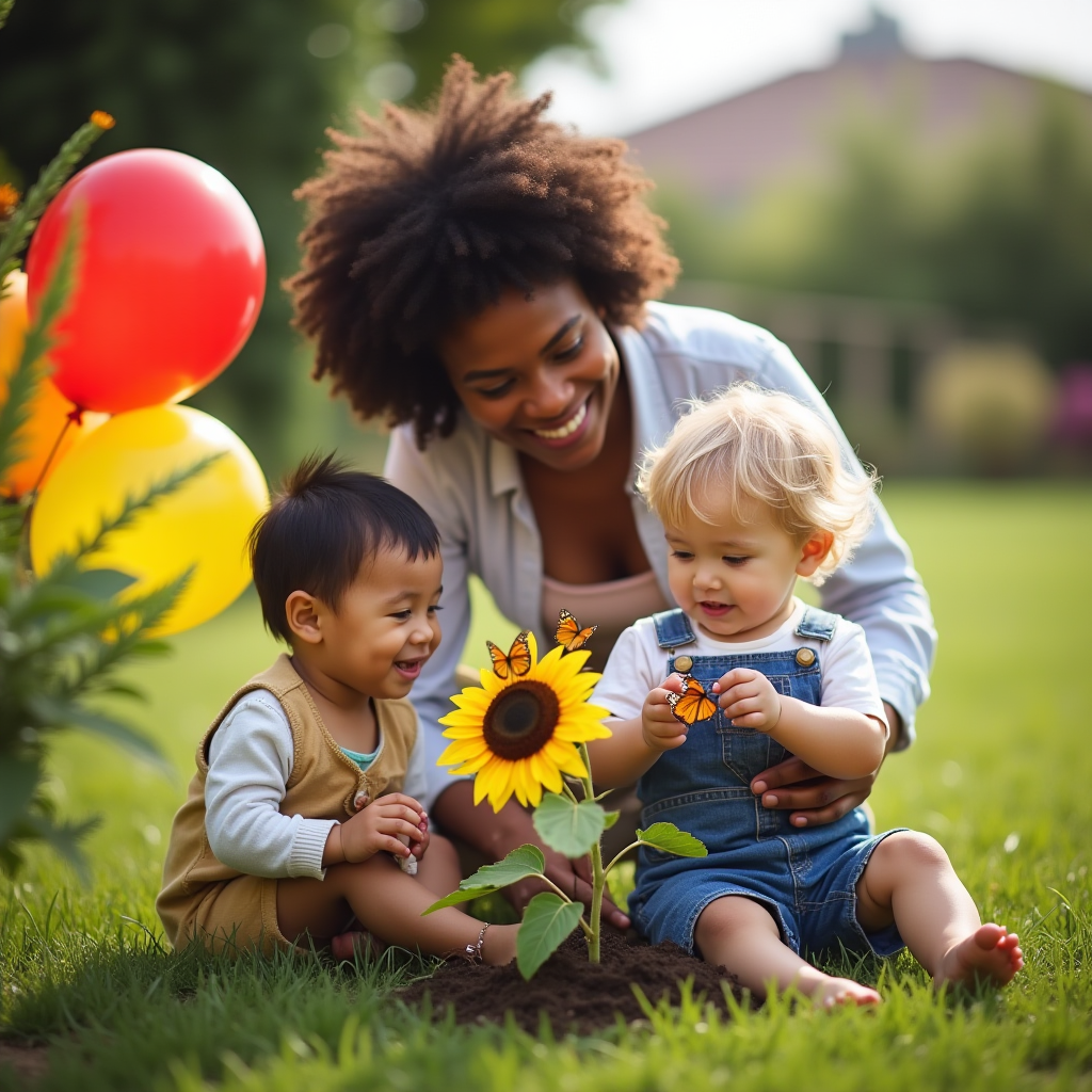 Deux enfants explorent la nature avec une assistante maternelle, observant des papillons posés sur un tournesol dans un jardin.