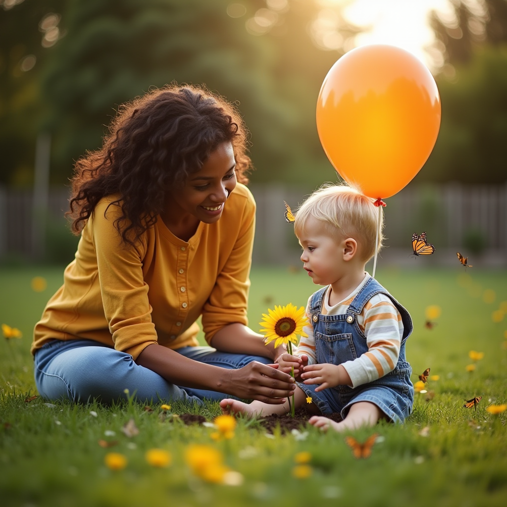 Un enfant assis dans l'herbe, tenant un tournesol, interagit avec une assistante maternelle dans un jardin pendant qu'un ballon orange flotte au-dessus de lui.
