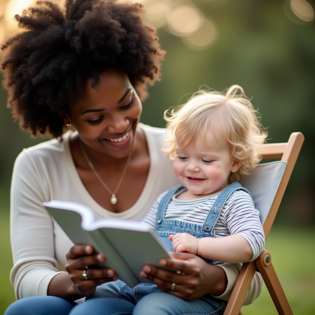 Femme souriante lisant un livre à un enfant assis sur ses genoux, dans un cadre extérieur.