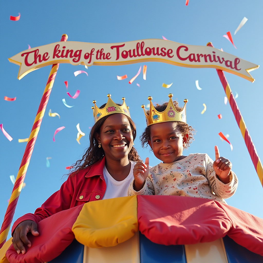 Une femme et un enfant souriants, portant des couronnes dorées, saluent la foule depuis un char coloré lors du Carnaval de Toulouse. Une banderole festive flotte au-dessus d’eux, proclamant "The King of the Toulouse Carnival", tandis que des confettis multicolores remplissent le ciel bleu.